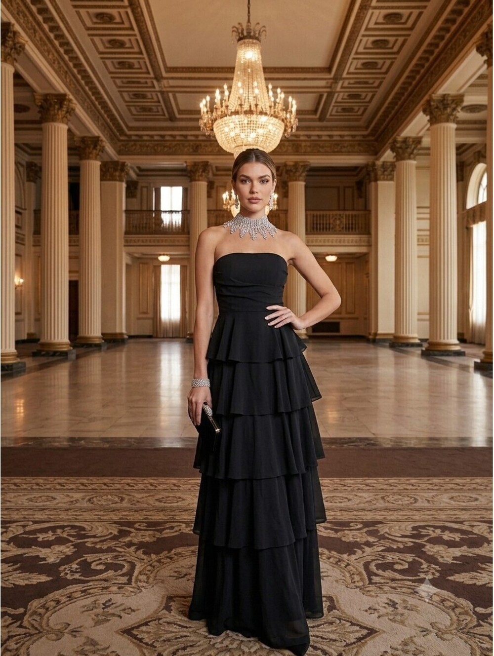 NWT Lulus Black Strapless Tiered Ruffle Maxi Dress Gown Small Wedding Guest Gala